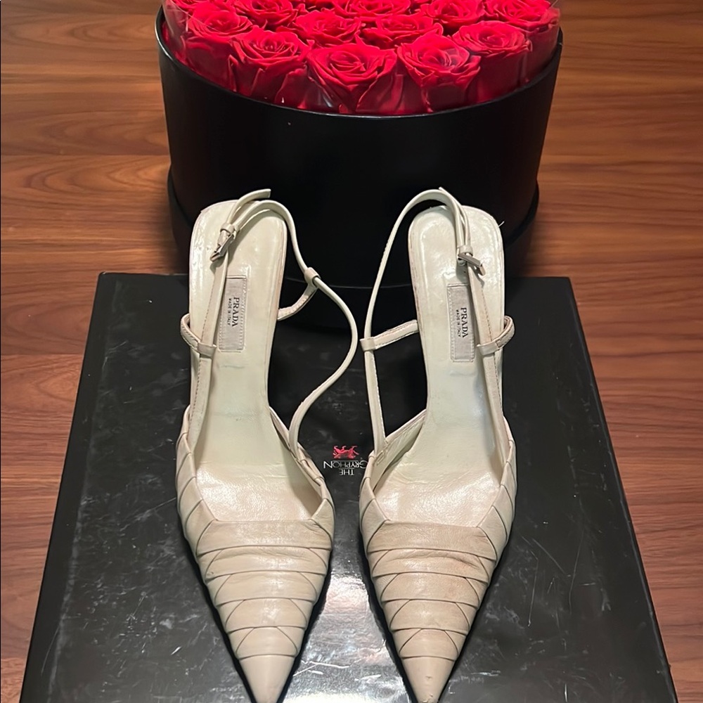 Prada Cream Slingback Heels with Textured Finish